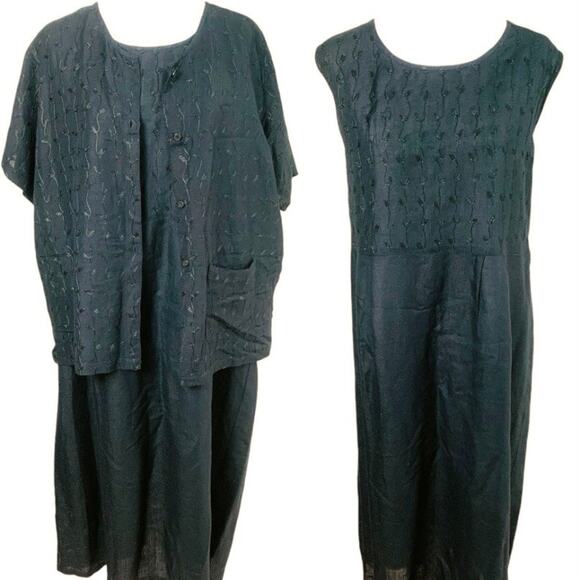 Vintage Size XL Linen Rayon 2-Piece Lagenlook Artsy Black Embroidered Dress Set - Picture 2 of 10